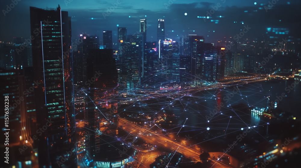 Smart digital Innovation city with connection network reciprocity over the cityscape. of future smart wireless digital city and social media networking systems that connects people with in city