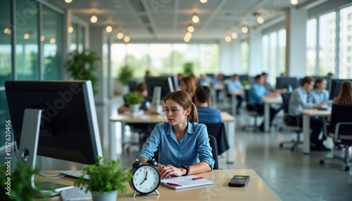 Businesswoman checks time on desk clock and computer in modern office. Colleagues work around her. Daytime scene in open office with natural light and plants. Employees are focused on their tasks.