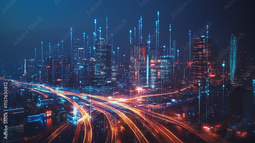 Smart digital Innovation city with connection network reciprocity over the cityscape. of future smart wireless digital city and social media networking systems that connects people with in city Smart digital Innovation city with connection network reciprocity over the cityscape. of future smart wireless digital city and social media networking systems that connects people with in city