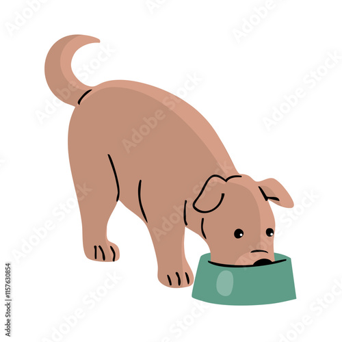 Cute dog eats from a bowl. A pet is a friend. Little cheerful puppy. Animal character. Cartoon vector illustration isolated on white background