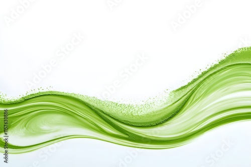 Swirling Matcha Tea Powder on Pristine White Background with Graceful Green Tendrils