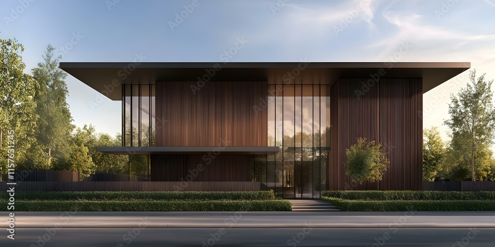 A modern architectural design featuring a sleek, two-story building with large glass windows and wood paneling amidst greenery. Concept Modern Architecture, Sleek Design, Large Glass Windows