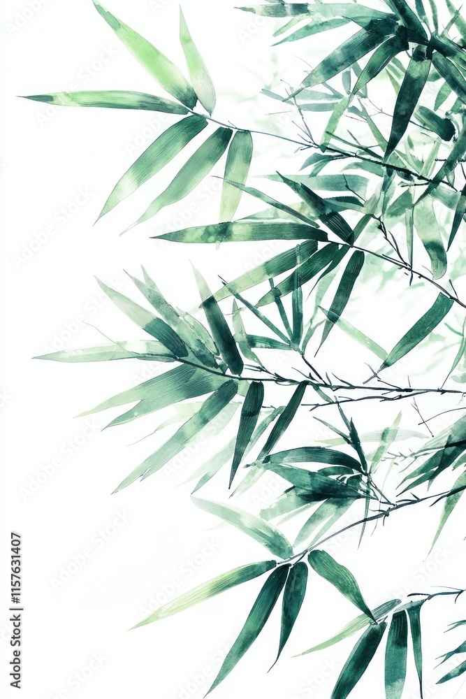 Fototapeta premium Serene Teal Bamboo Leaves Watercolor Botanical Illustration Nature Background