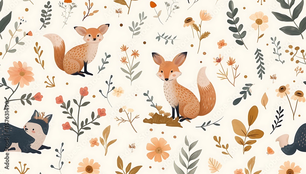 A playful pattern of adorable foxes and other woodland creatures frolic amidst a whimsical array of leaves, berries, and flowers, creating a cheerful and charming scene. A playful pattern of adorable foxes and other woodland creatures frolic amidst a whimsical array of leaves, berries, and flowers, creating a cheerful and charming scene.