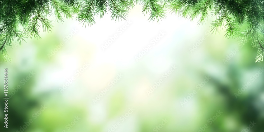 A blurred background of greenery with pine-like leaves framing the top, creating a peaceful, natural ambiance. Concept Peaceful Natural Ambiance, Blurred Greenery Background A blurred background of greenery with pine-like leaves framing the top, creating a peaceful, natural ambiance. Concept Peaceful Natural Ambiance, Blurred Greenery Background