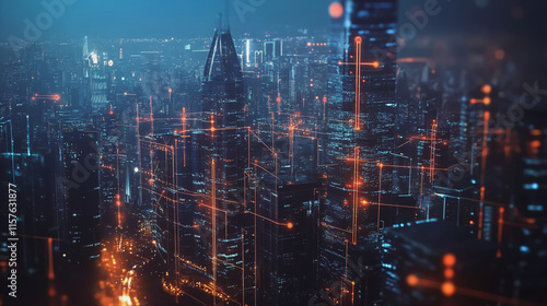 Smart digital Innovation city with connection network reciprocity over the cityscape. of future smart wireless digital city and social media networking systems that connects people with in city