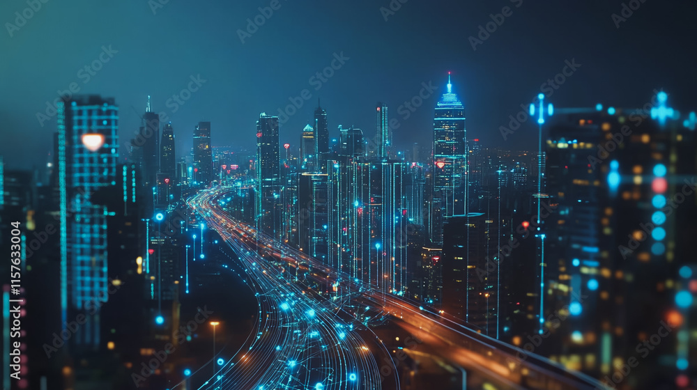 Fototapeta premium Smart digital Innovation city with connection network reciprocity over the cityscape. of future smart wireless digital city and social media networking systems that connects people with in city