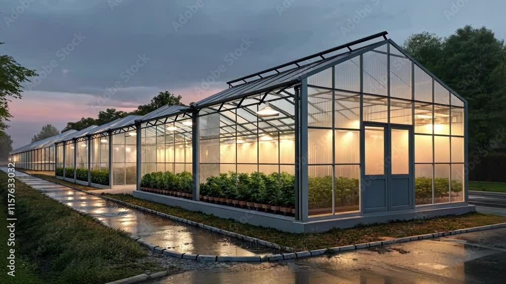 Wet asphalt reflects the warm glow of illuminated panels inside a greenhouse complex at dusk, fostering plant growth and agricultural innovation Wet asphalt reflects the warm glow of illuminated panels inside a greenhouse complex at dusk, fostering plant growth and agricultural innovation