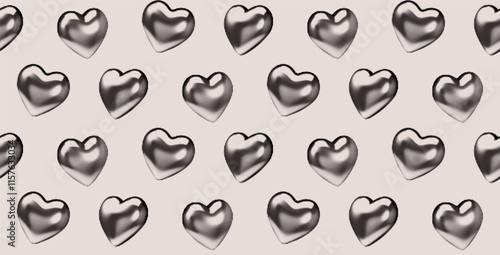 Seamless pattern of metallic chrome hearts on a beige background. The glossy hearts feature a halftone texture. Modern, stylish, romantic wallpaper design for print, fabric etc.