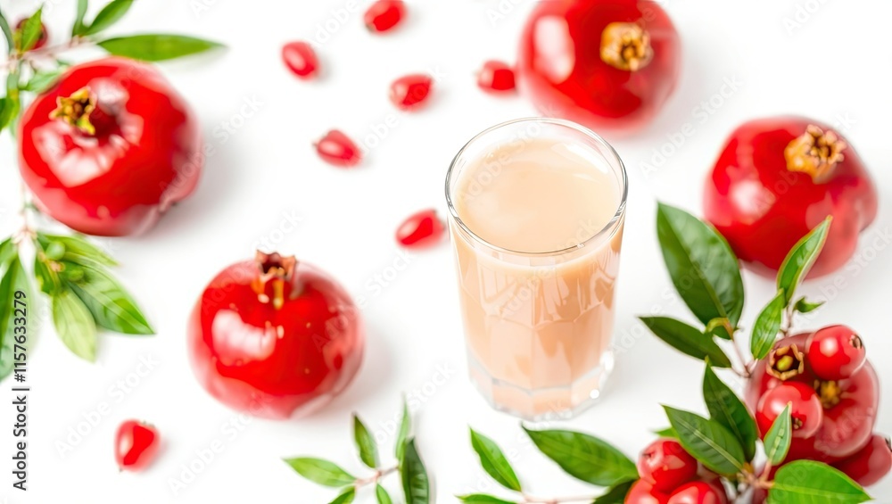 Pomegranate juice and fruits are isolated against a white background. By Pomegranate juice and fruits are isolated against a white background. By