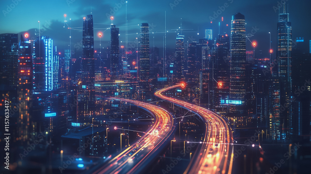 Fototapeta premium Smart digital Innovation city with connection network reciprocity over the cityscape. of future smart wireless digital city and social media networking systems that connects people with in city