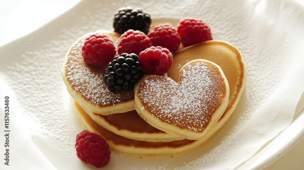 Delightful Stack of Heart-Shaped Pancakes with Fresh Berries Delightful Stack of Heart-Shaped Pancakes with Fresh Berries
