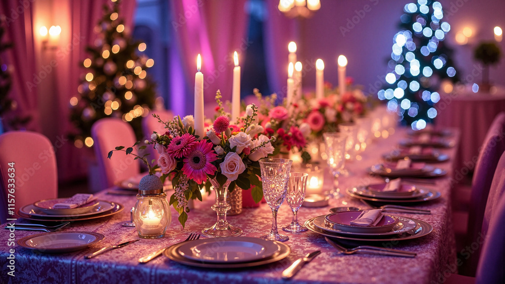 Luxurious Pink and Purple Christmas Table Setting: Elegant Festive Decor for Gala Dinners and Holiday Parties Luxurious Pink and Purple Christmas Table Setting: Elegant Festive Decor for Gala Dinners and Holiday Parties