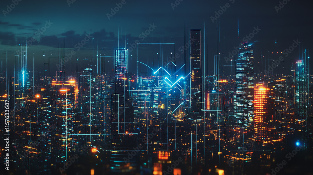 Fototapeta premium Smart digital Innovation city with connection network reciprocity over the cityscape. of future smart wireless digital city and social media networking systems that connects people with in city