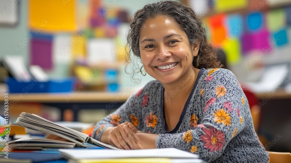 A teacher with a friendly smile, sitting at their desk with open textbooks, colorful classroom decorations in the background A teacher with a friendly smile, sitting at their desk with open textbooks, colorful classroom decorations in the background