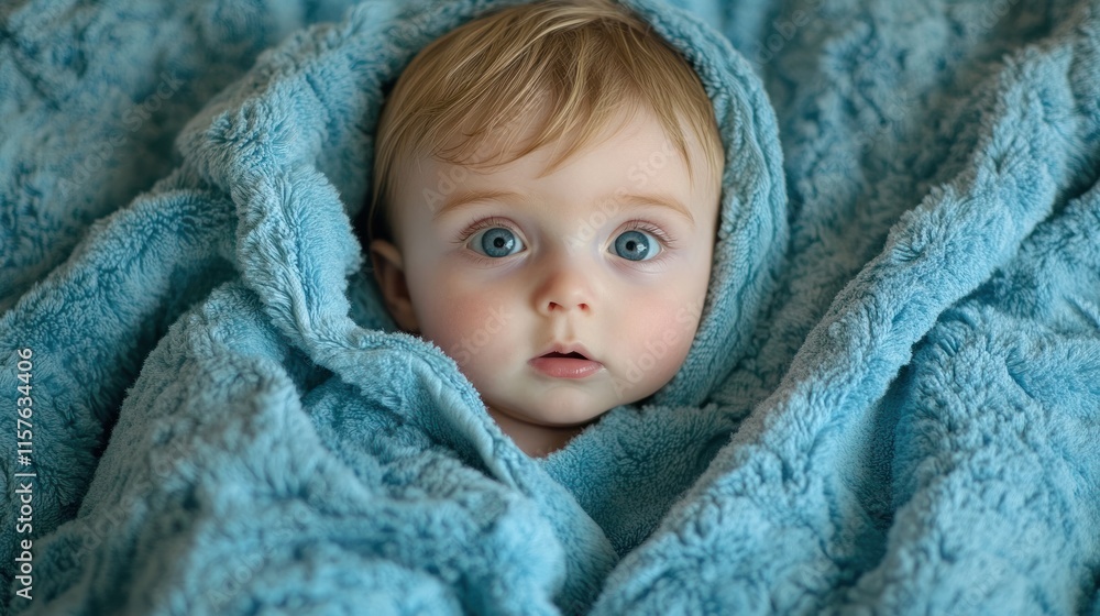 Adorable baby with blue eyes nestled in a soft blue blanket. Adorable baby with blue eyes nestled in a soft blue blanket.