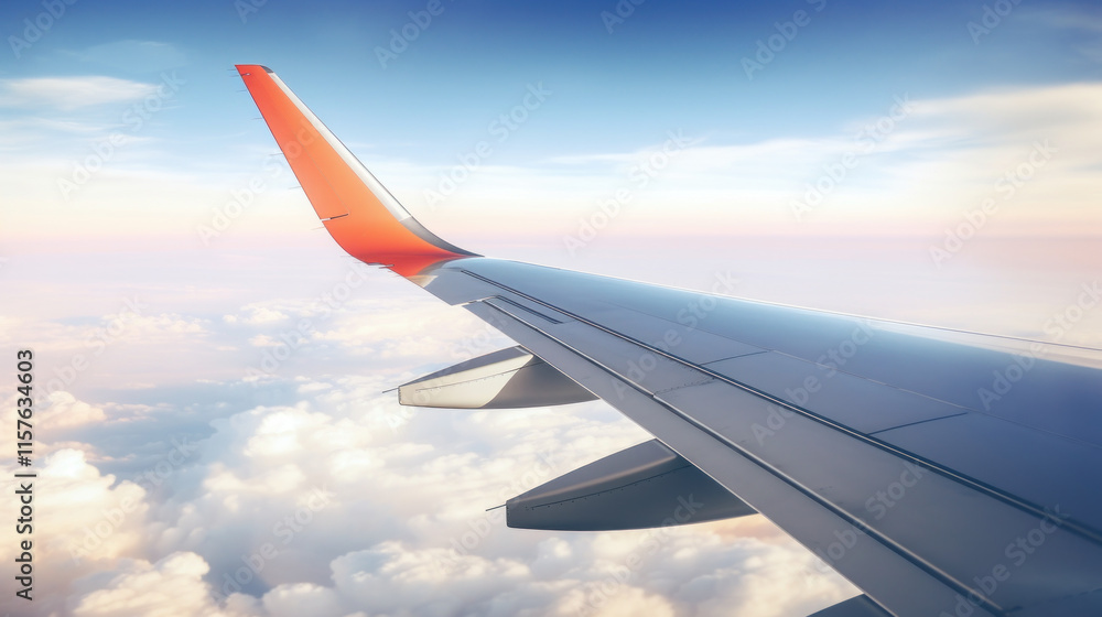 Obraz premium Majestic Plane Wing and Cloudscape from Airplane Window