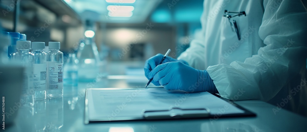 Scientist writing notes in a lab. Scientist writing notes in a lab.