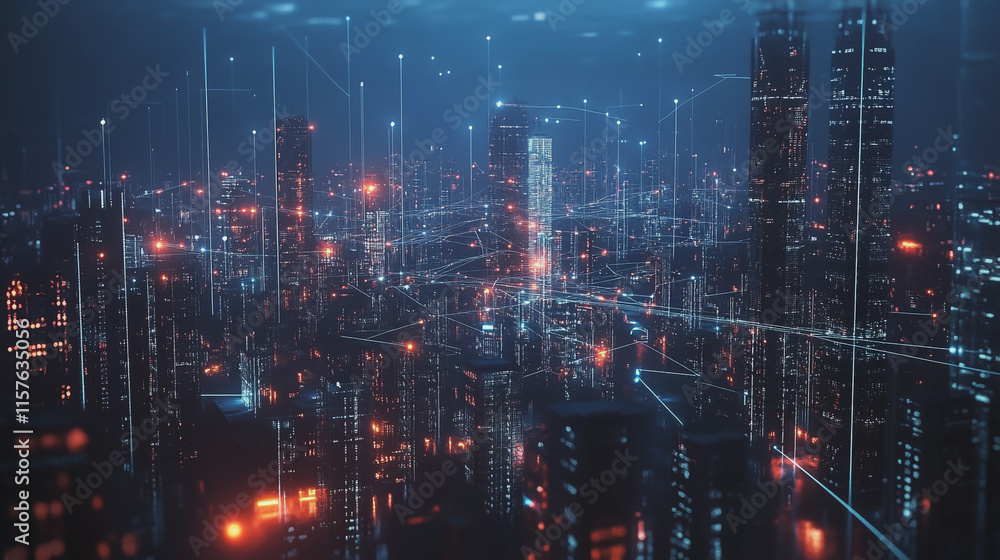 Fototapeta premium Smart digital Innovation city with connection network reciprocity over the cityscape. of future smart wireless digital city and social media networking systems that connects people with in city