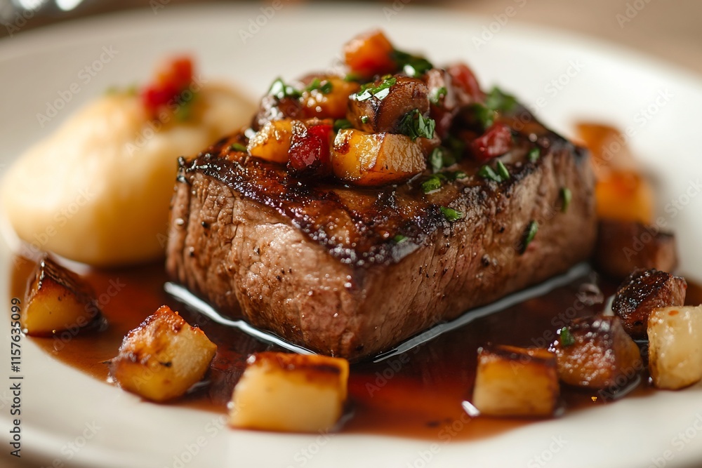 Seared steak with fruit chutney, potato puree, and red wine reduction. Seared steak with fruit chutney, potato puree, and red wine reduction.