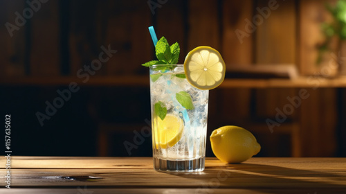 Lemonade Glass with Fresh Mint on Wooden Table photo