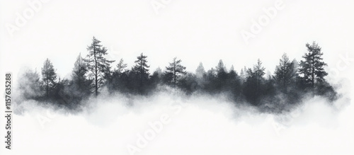 Fototapeta Naklejka Na Ścianę i Meble -  Black and white image of a misty forest with tall pine trees. The fog creates a mysterious and serene atmosphere. 

