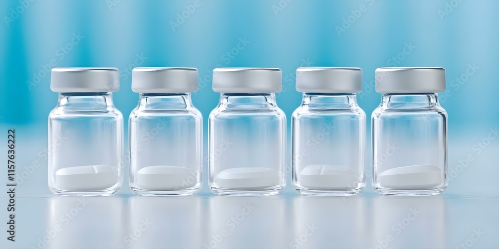 Five glass vials with white tablet-like contents against a light blue background. Concept Glass Vials Display, White Tablet Contents, Light Blue Background, Pharmaceutical Photography Five glass vials with white tablet-like contents against a light blue background. Concept Glass Vials Display, White Tablet Contents, Light Blue Background, Pharmaceutical Photography