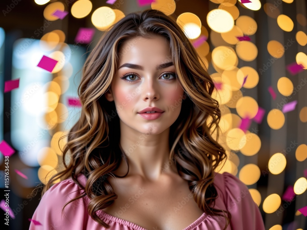 Beautiful Woman Long Curly Hair Pink Dress Festive Lights Celebration Beautiful Woman Long Curly Hair Pink Dress Festive Lights Celebration