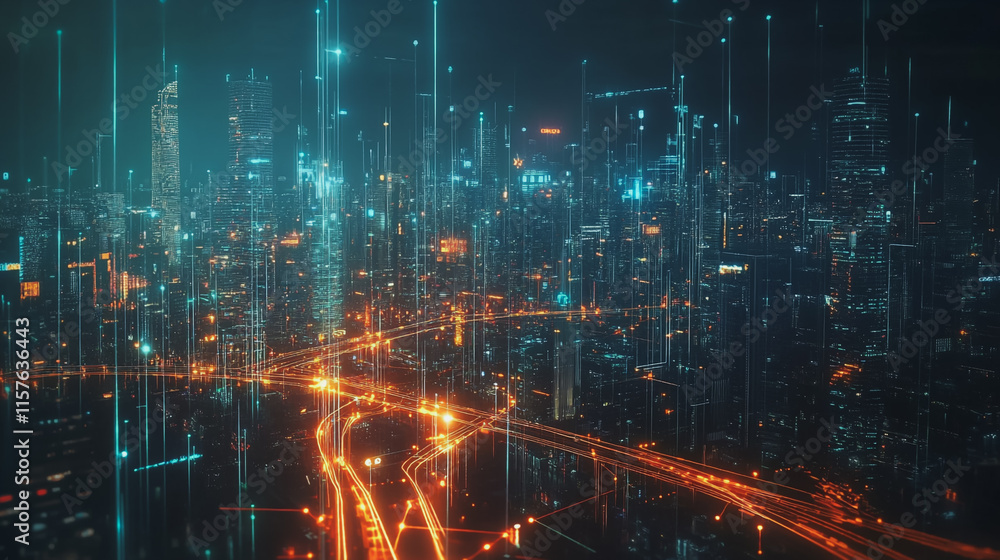 Smart digital Innovation city with connection network reciprocity over the cityscape. of future smart wireless digital city and social media networking systems that connects people with in city Smart digital Innovation city with connection network reciprocity over the cityscape. of future smart wireless digital city and social media networking systems that connects people with in city