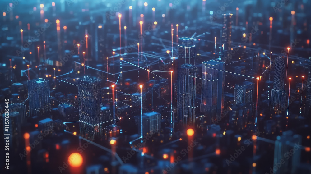 Fototapeta premium Smart digital Innovation city with connection network reciprocity over the cityscape. of future smart wireless digital city and social media networking systems that connects people with in city