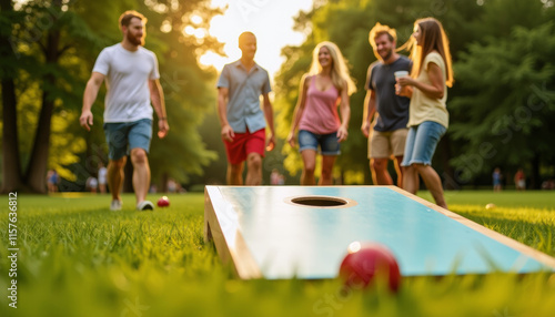 Friends Enjoying a Cornhole Game in the Park
