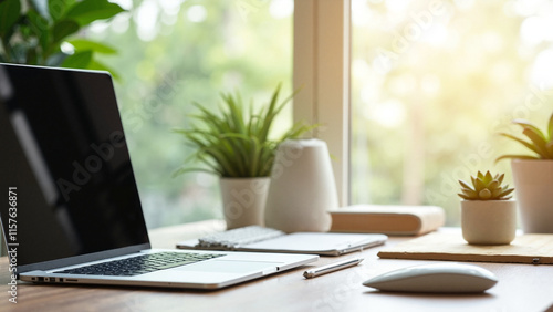 Modern Workspace: Stylish Desk with Laptop and Design Tools for Creative Professionals and Remote Work Inspiration photo