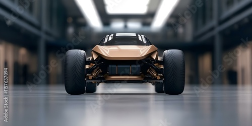A futuristic, sleek concept car with large tires and a minimalist design, showcased in a modern indoor setting. Concept Futuristic Car Design, Minimalist Aesthetics, Innovative Technology