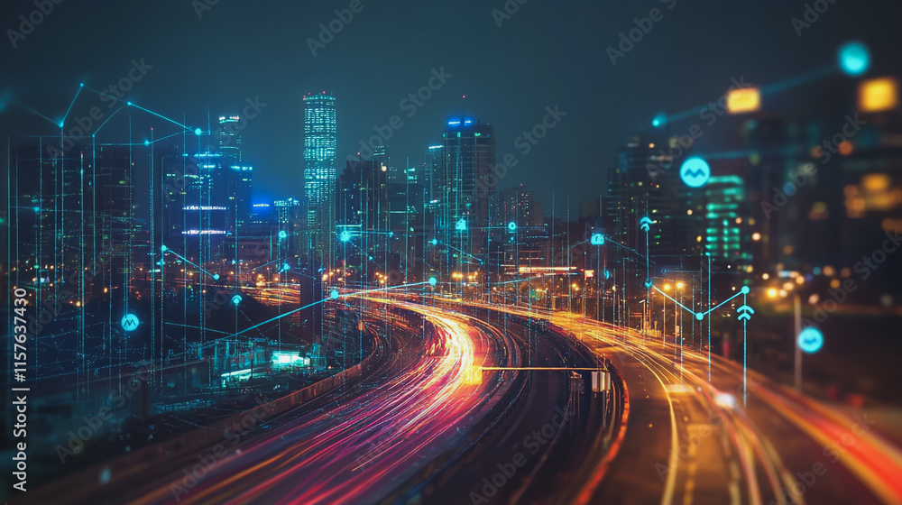 Smart digital Innovation city with connection network reciprocity over the cityscape. of future smart wireless digital city and social media networking systems that connects people with in city