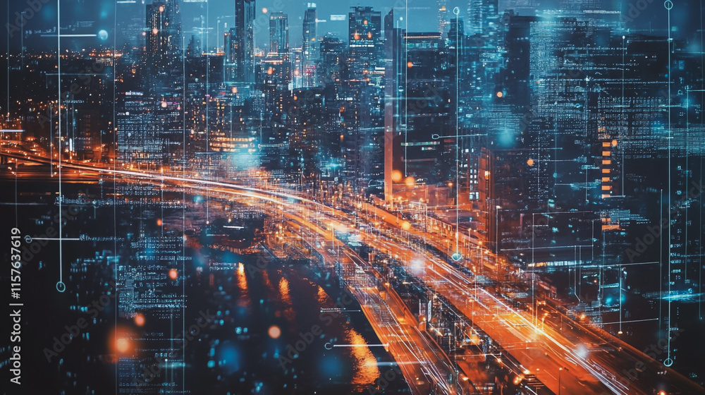 Fototapeta premium Smart digital Innovation city with connection network reciprocity over the cityscape. of future smart wireless digital city and social media networking systems that connects people with in city