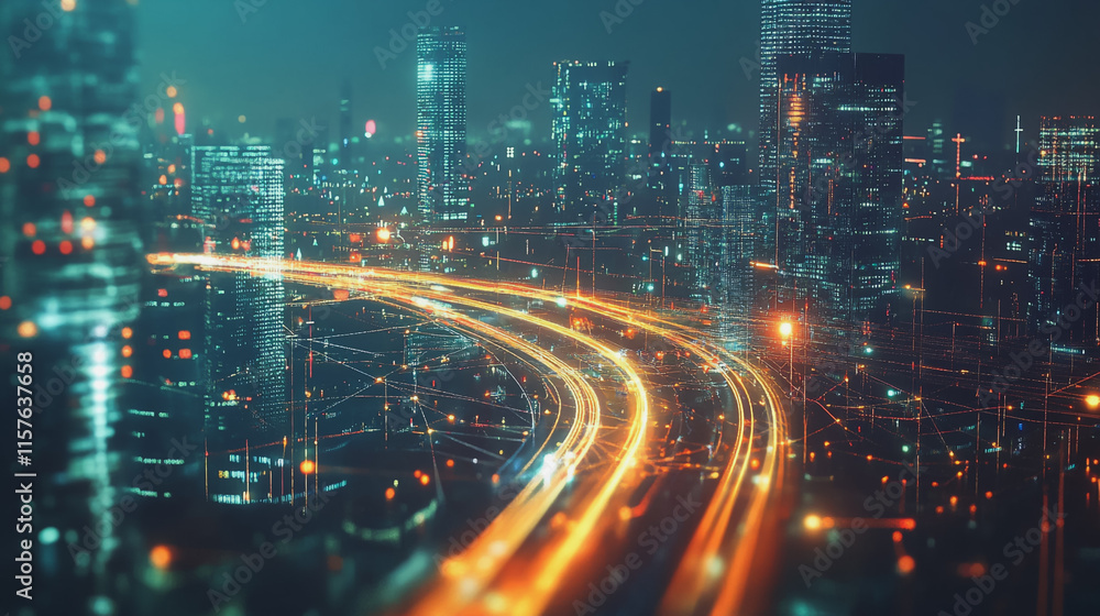 Fototapeta premium Smart digital Innovation city with connection network reciprocity over the cityscape. of future smart wireless digital city and social media networking systems that connects people with in city