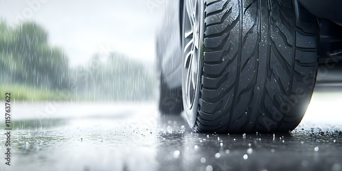 A close-up view of a car tire on wet pavement, highlighting the tread pattern and raindrops around it. Concept Close-up Photography, Car Tire Tread, Wet Pavement, Raindrop Details