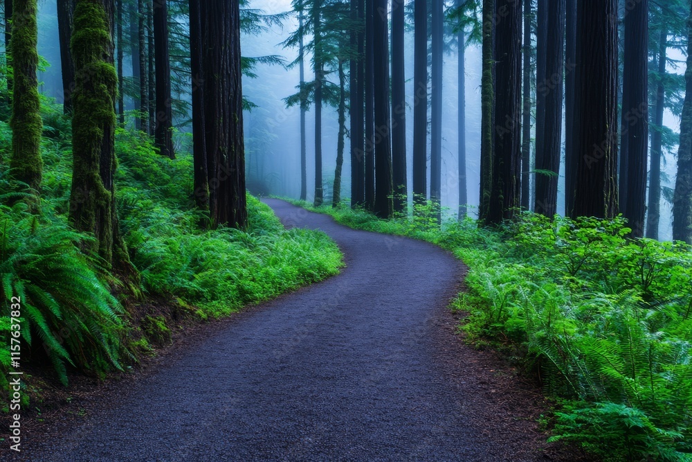 Naklejka premium Winding Forest Path in Mist - Serene, misty forest, winding path, lush greenery, tranquil nature. Symbolizes peace, journey, mystery, growth, and exploration.