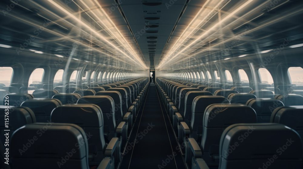 Fototapeta premium Empty Airplane Cabin Aisle Perspective