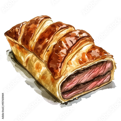 A watercolor drawing of British beef Wellington with puff pastry, isolated on a white background. Beef Wellington vector.
