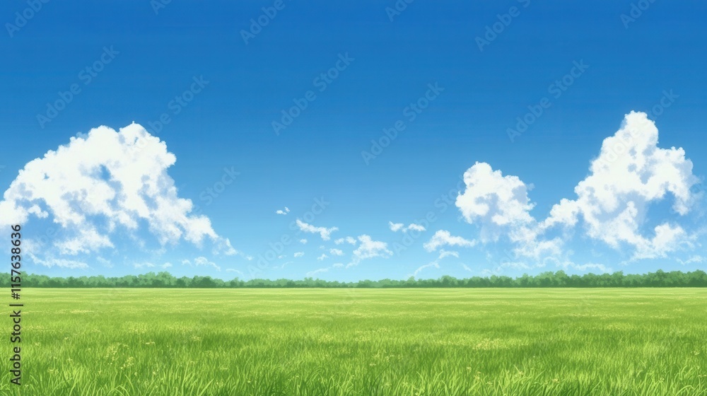 Obraz premium Vibrant Blue Sky and Lush Green Field with Fluffy White Clouds