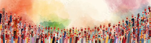 Group of people with raised hands holding a red heart on a watercolor background photo