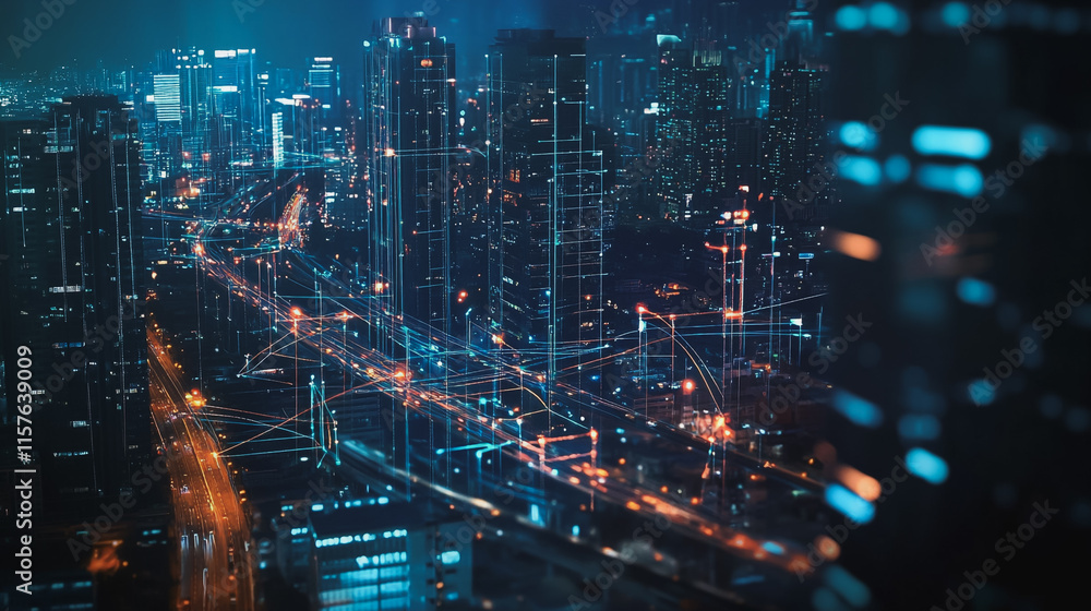Obraz premium Smart digital Innovation city with connection network reciprocity over the cityscape. of future smart wireless digital city and social media networking systems that connects people with in city