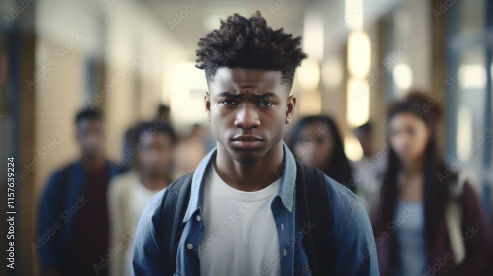 Concerned Young Man Standing in a Crowded Hallway Concerned Young Man Standing in a Crowded Hallway