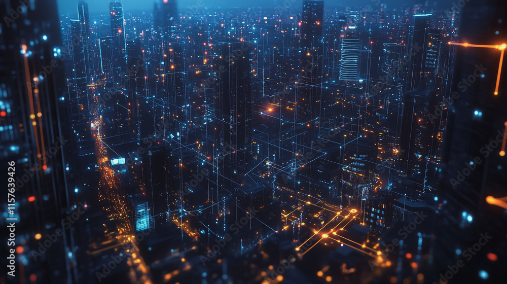 Obraz premium Smart digital Innovation city with connection network reciprocity over the cityscape. of future smart wireless digital city and social media networking systems that connects people with in city