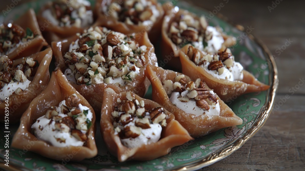 A plate of dessert featuring sweet pastries filled with cream and nuts. A plate of dessert featuring sweet pastries filled with cream and nuts.