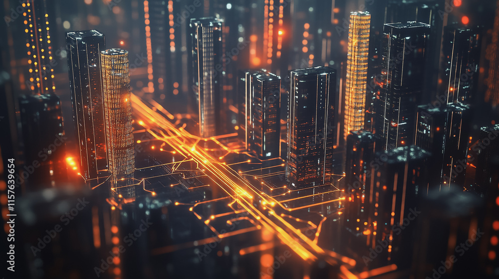 Fototapeta premium Smart digital Innovation city with connection network reciprocity over the cityscape. of future smart wireless digital city and social media networking systems that connects people with in city