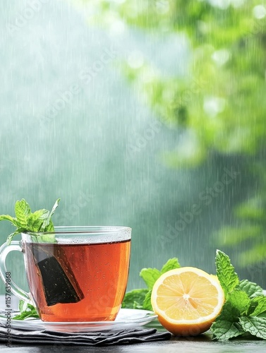 Warm Cup of Herbal Tea with Lemon and Mint - A refreshing cup of herbal tea, garnished with fresh lemon and mint, symbolizes tranquility, health, nature, refreshment, and relaxation. Perfect for a coz photo