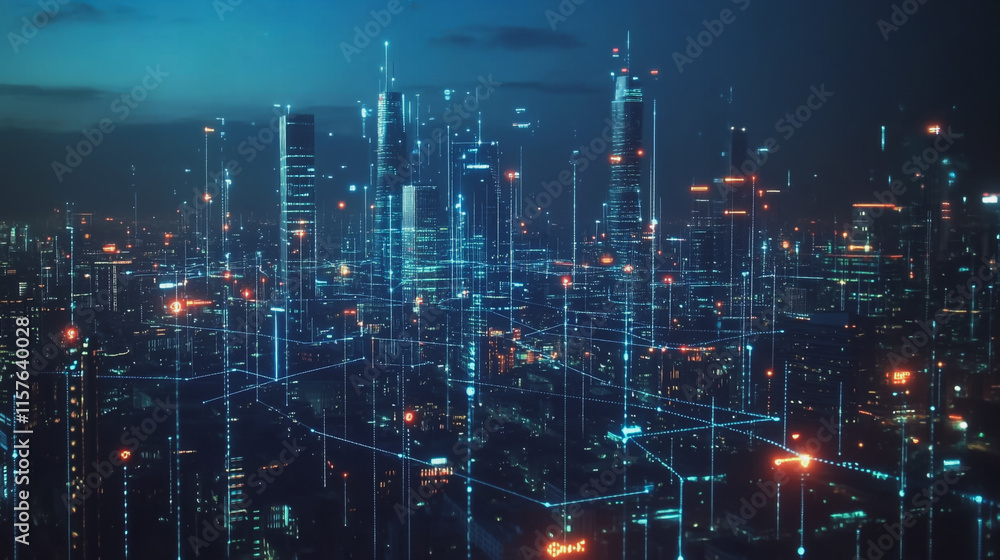 Fototapeta premium Smart digital Innovation city with connection network reciprocity over the cityscape. of future smart wireless digital city and social media networking systems that connects people with in city