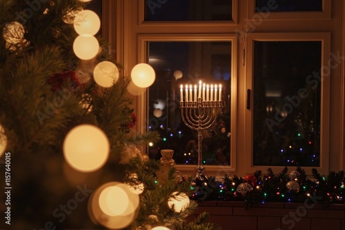 Background image of Hanukkah menorah glowing brightly in window with Christmas tree and fairy lights in foreground multicultural holiday celebration copy space
